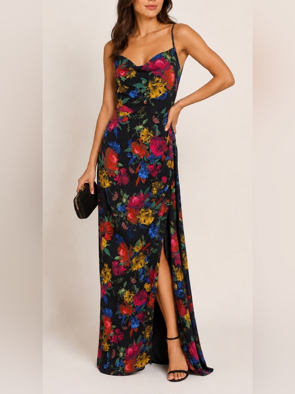 Hutch Black Floral Maxi Dress Gown Size 2 Front Slit Wedding Events Vacation